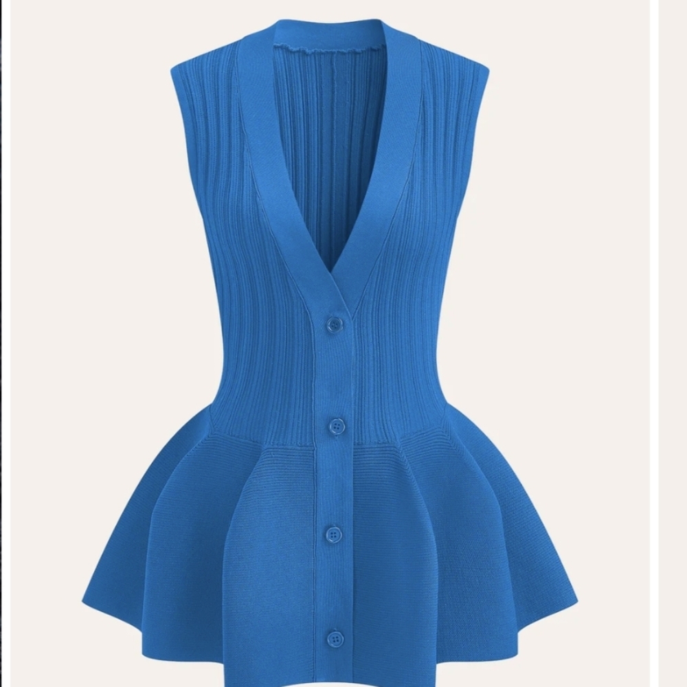 Commense Top Button Up Structured Sleeveless Knit Sweater Peplum Blue S NWT - Picture 3 of 3
